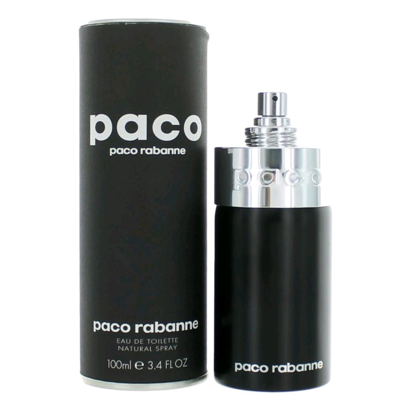 Paco Rabanne Paco unisex 3.4 oz Eau de Toilette spray bottle with sleek packaging and silver accents.