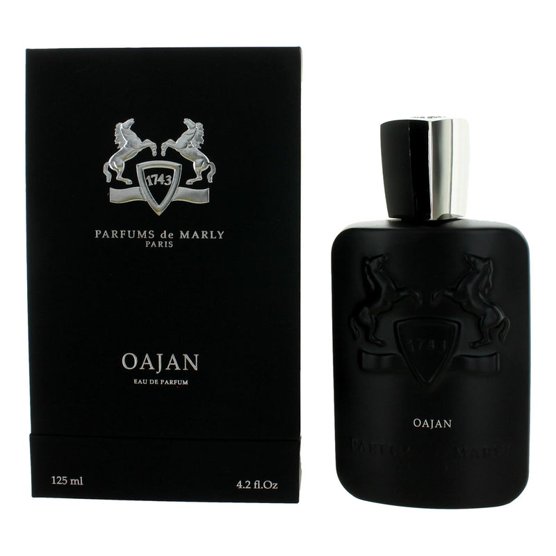 Parfums de Marly Oajan unisex 4.2oz EDP spray bottle with elegant packaging and gold accents.