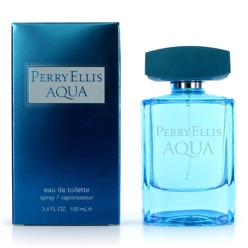 Perry Ellis Aqua men's 3.4 oz EDT spray bottle with sleek blue packaging and silver cap.