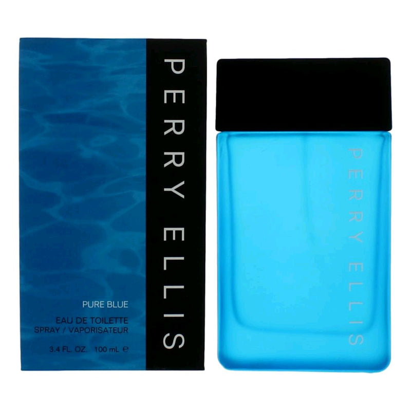 Perry Ellis Pure Blue men's 3.4 oz EDT spray bottle, sleek packaging with blue accents, shows the fragrance product.