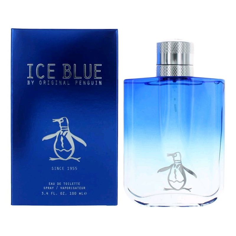 Munsingwear Original Penguin Ice Blue men's 3.4 oz EDT spray bottle with a sleek blue design and logo.