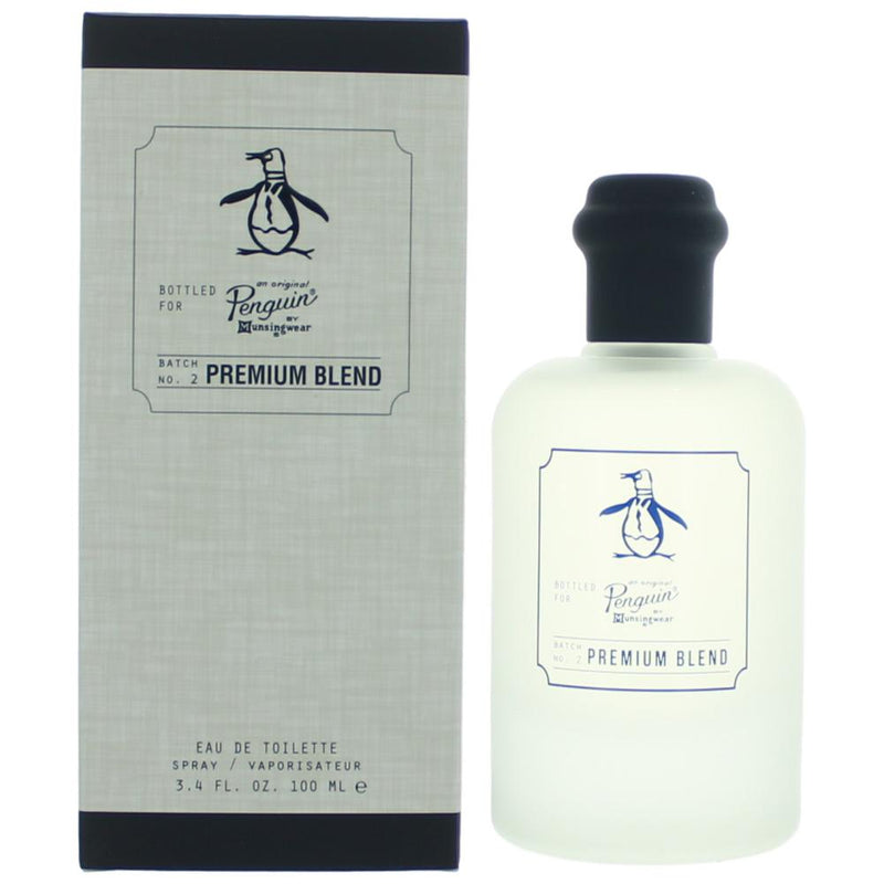 Original Penguin Premium Blend men's 3.4 oz EDT spray by Munsingwear, featuring a sleek bottle with the brand logo.