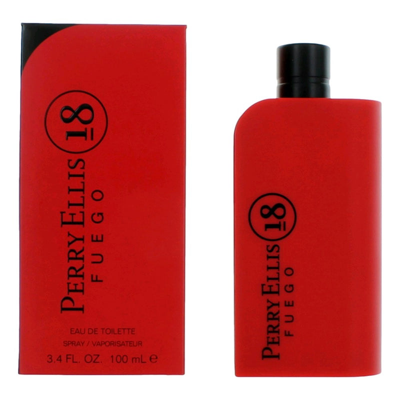 Perry Ellis 18 Fuego men's 3.4 oz EDT spray bottle with sleek design and Perry Ellis branding visible.