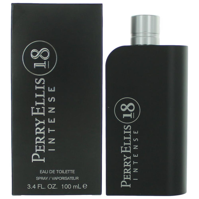 Perry Ellis 18 Intense men's 3.4 oz EDT spray bottle with sleek packaging and branding visible.