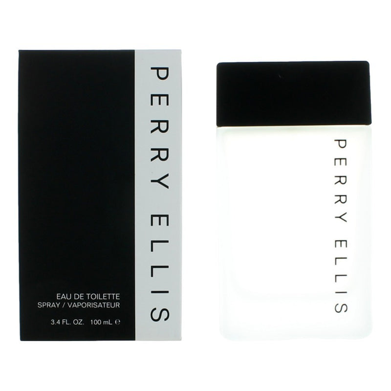 Perry Ellis men's 3.4 oz EDT spray bottle with sleek packaging, showcasing the Perry Ellis logo on the label.