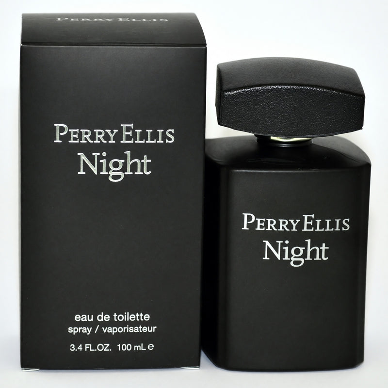 Perry Ellis Night men's 3.4 oz EDT spray bottle with sleek black packaging and silver accents.