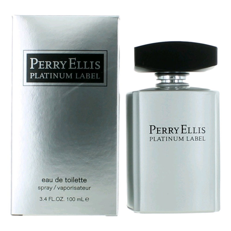 Perry Ellis Platinum Label 3.4 oz men's EDT spray bottle with sleek packaging, showcasing the Perry Ellis brand and product design.