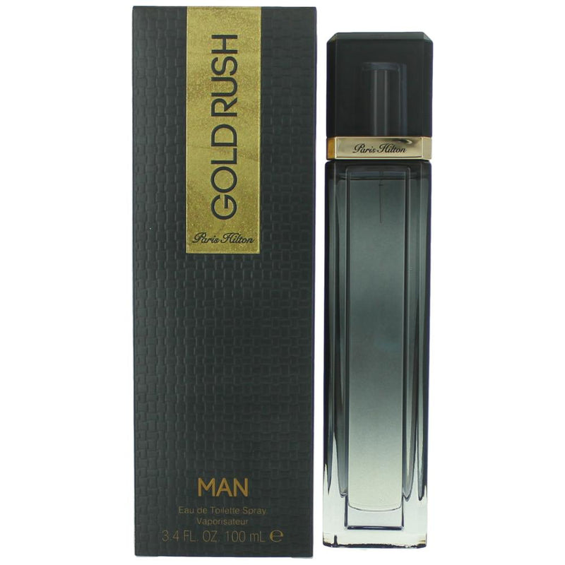 Paris Hilton Gold Rush men's 3.4 oz EDT spray bottle, featuring gold accents and elegant packaging.