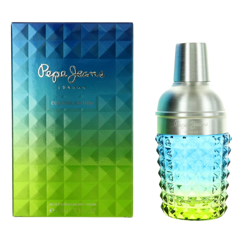 Pepe Jeans London Cocktail men's 3.4 oz EDT spray bottle with sleek design and modern branding.