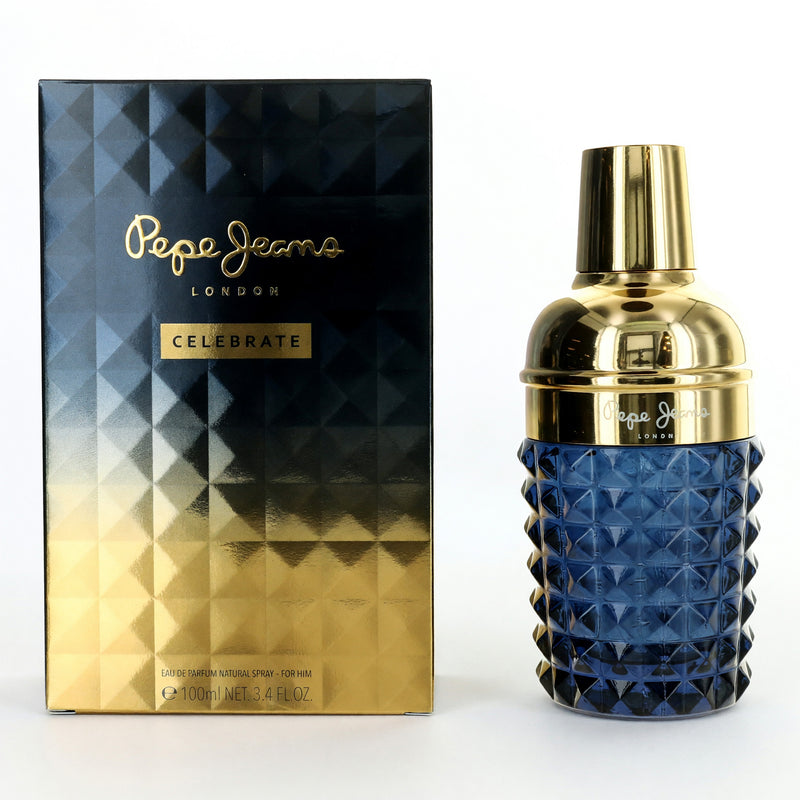 Celebrate by Pepe Jeans London men's 3.4 oz EDP spray bottle, sleek packaging for a stylish fragrance experience.