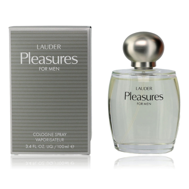 Estee Lauder Pleasures for Men cologne spray bottle, 3.4 oz, with sleek packaging and spray nozzle visible.