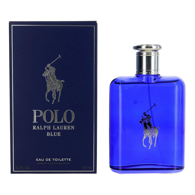 Ralph Lauren Polo Blue 4.2 oz men's EDT spray bottle with blue and silver packaging.