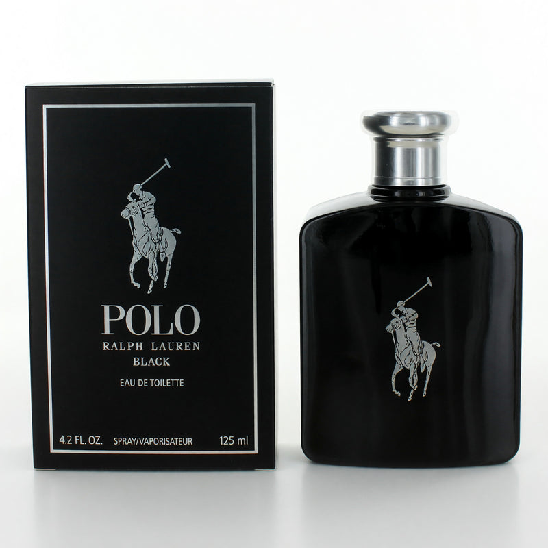 Ralph Lauren Polo Black 4.2 oz men's EDT spray bottle with black and silver packaging on a white background.