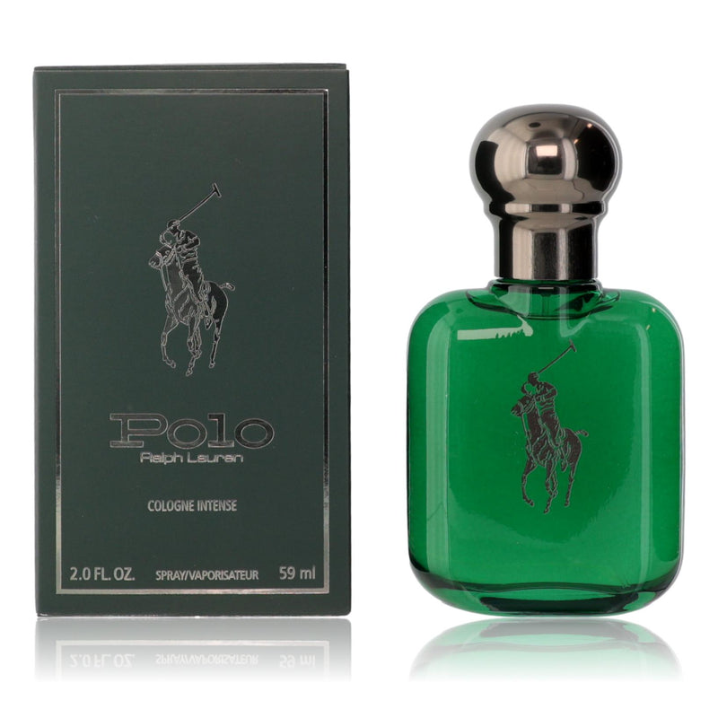 Ralph Lauren Polo Cologne Intense 2 oz men's Eau de Parfum spray bottle with sleek design and silver cap.