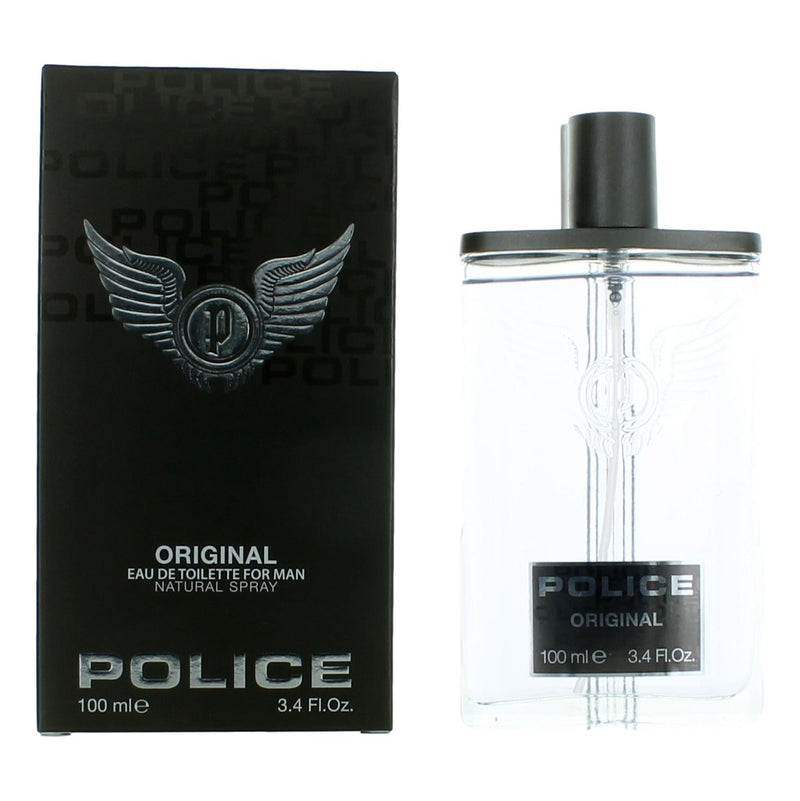 Police Original men's 3.4 oz EDT spray bottle, featuring sleek physical design and classic fragrance packaging.