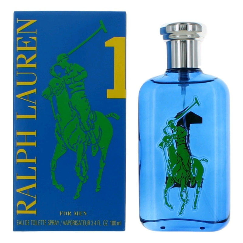 Ralph Lauren Polo Big Pony Blue 3.4 oz men's EDT spray bottle with blue and white branding.