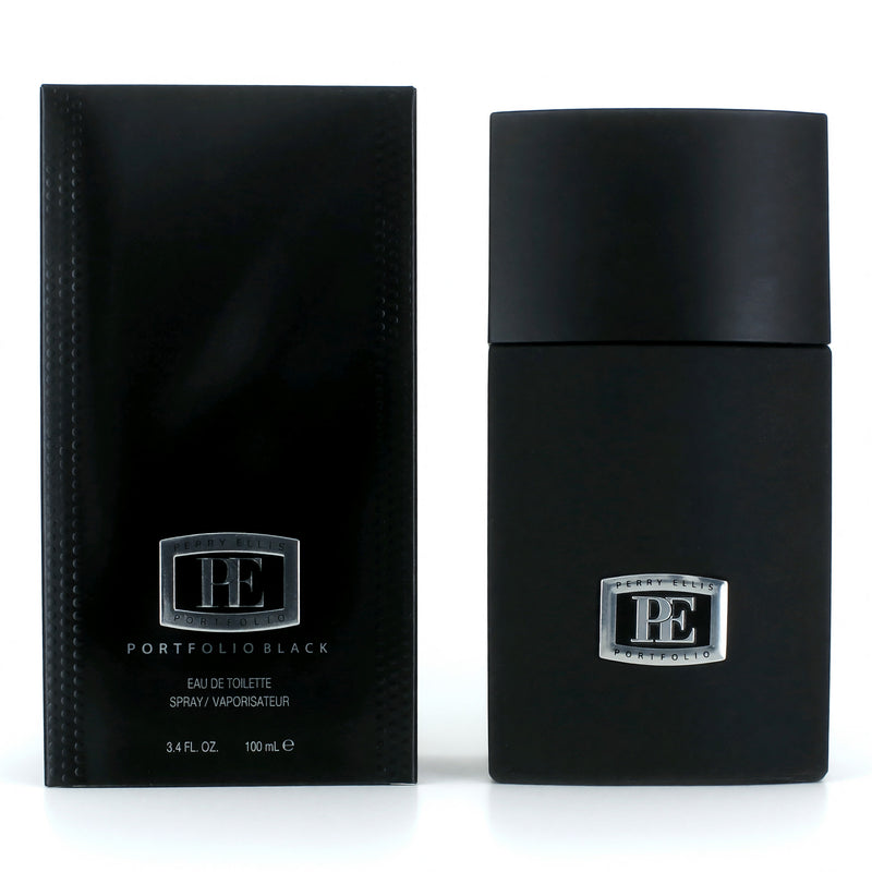 Perry Ellis Portfolio Black 3.4 oz men's EDT spray bottle with sleek black packaging and silver accents.
