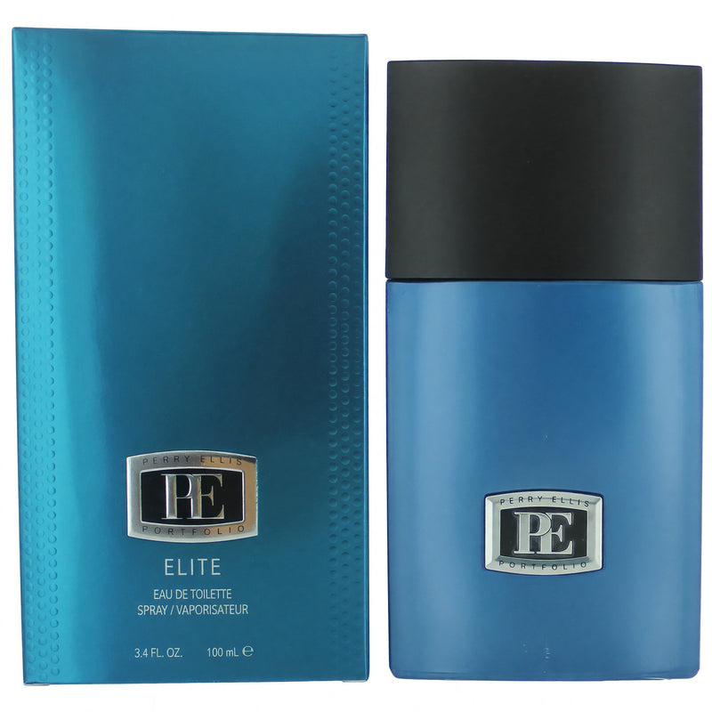 Perry Ellis Portfolio Elite 3.4 oz men's EDT spray bottle, sleek design, front view showing the brand and product details.