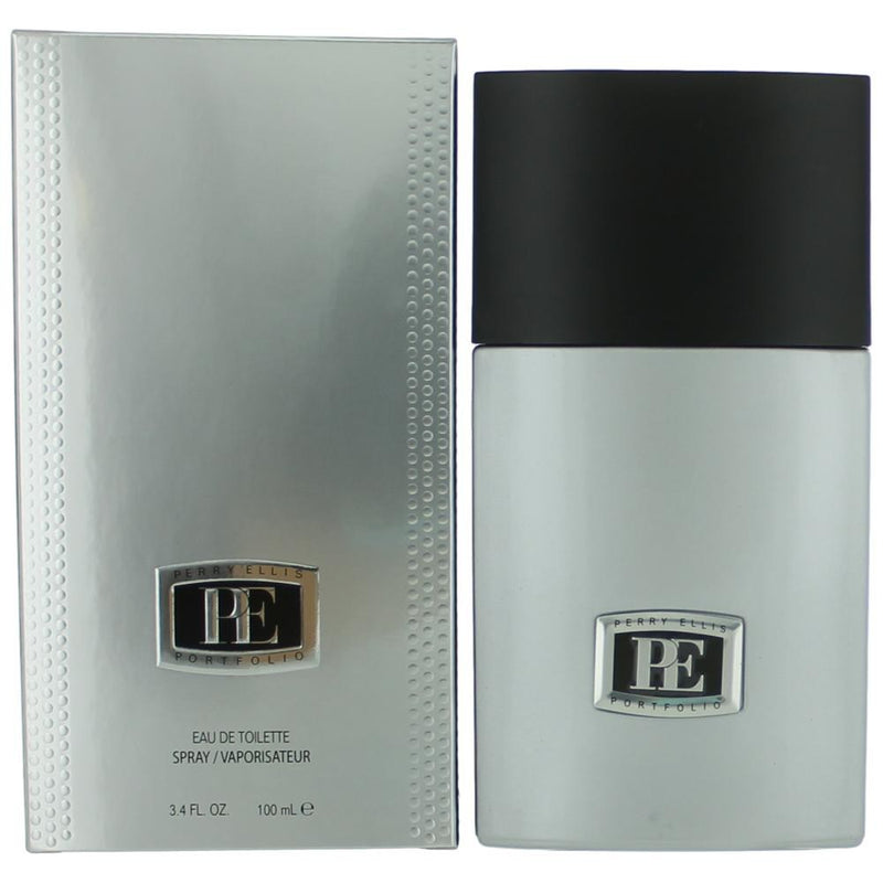 Perry Ellis Portfolio 3.4 oz men's EDT spray bottle with sleek packaging and silver cap.