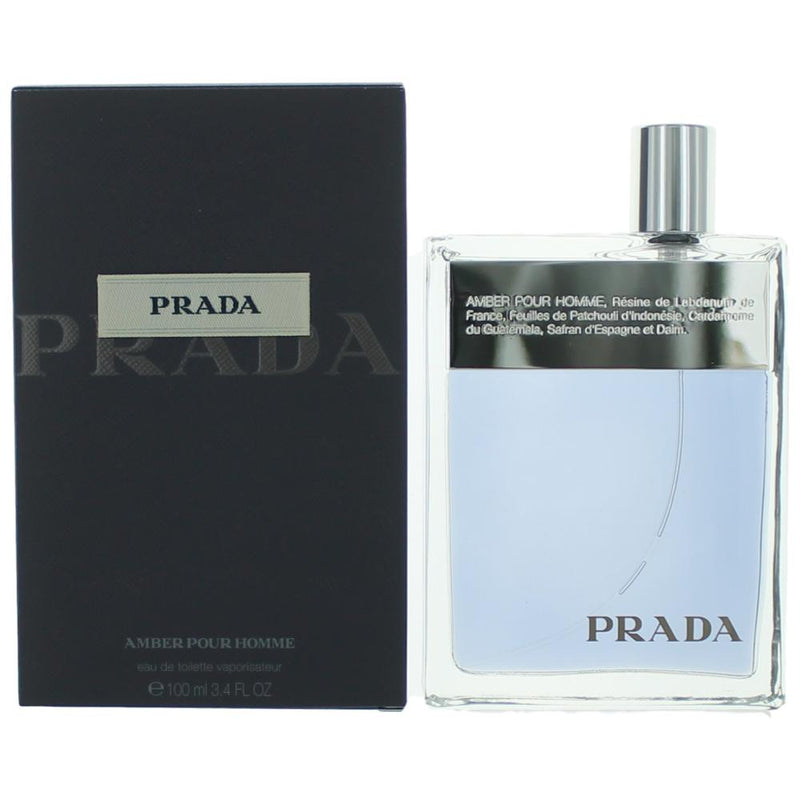 Prada Amber by Prada men's 3.4 oz EDT spray bottle, sleek design with clear packaging and Prada branding.