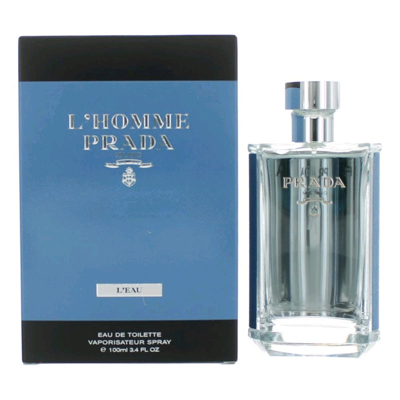 Prada L'Homme L'Eau 3.4 oz men's EDT spray bottle with sleek design and Prada branding.