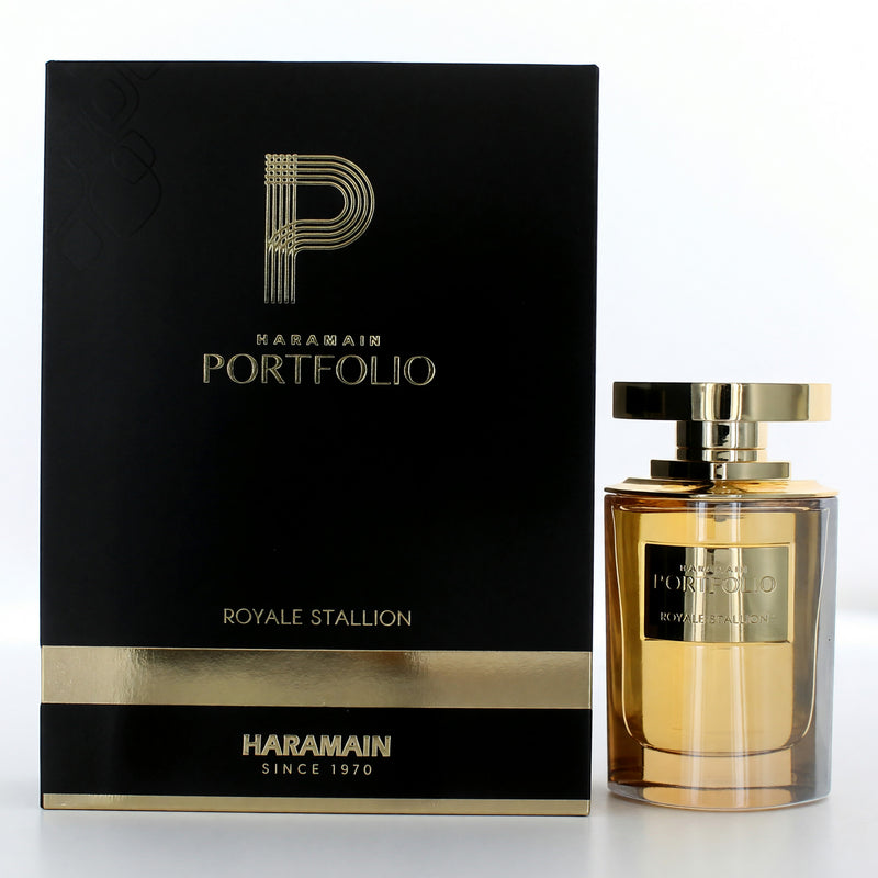 Al Haramain Portfolio Royale Stallion 2.5 oz unisex EDP spray bottle, elegant fragrance packaging, physical product image