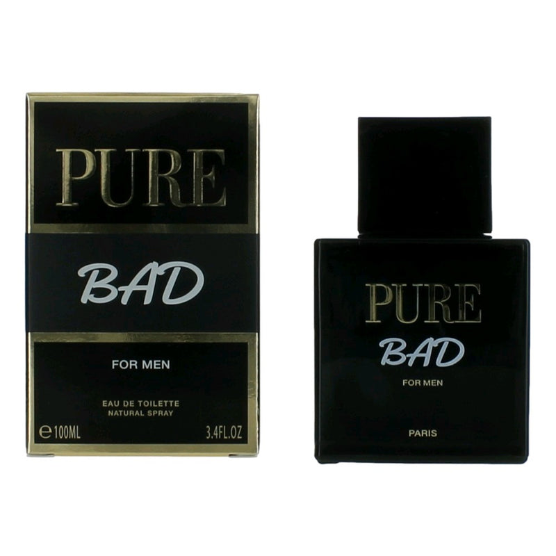 Karen Low Pure Bad men's 3.4 oz EDT spray bottle displayed, featuring sleek packaging and the fragrance's branding.