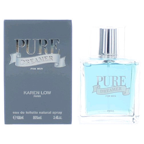 Karen Low Pure Dreamer men's 3.4 oz EDT spray bottle, sleek design, showcasing the fragrance for men.