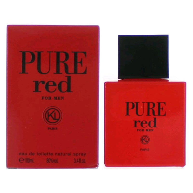 Pure Red by Karen Low men's 3.4 oz EDT spray bottle, featuring a sleek red design and elegant packaging.