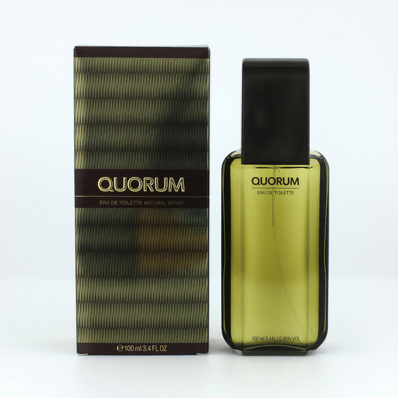 Puig Quorum men's 3.4 oz EDT spray bottle with sleek design, showcasing the fragrance for men.
