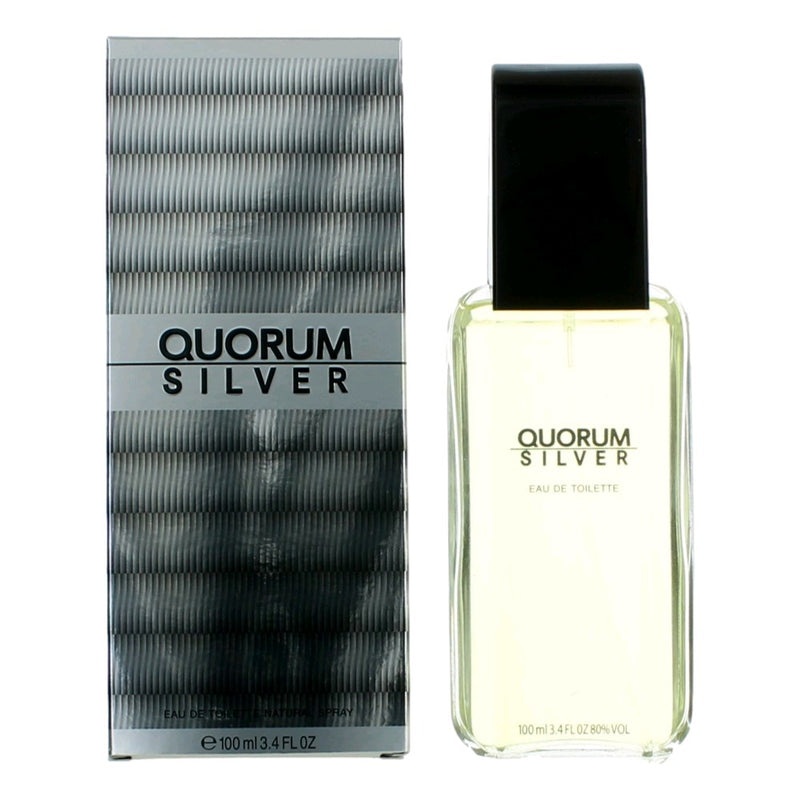 Puig Quorum Silver 3.4 oz men's EDT spray bottle with silver cap and sleek design, shown in a promotional image.