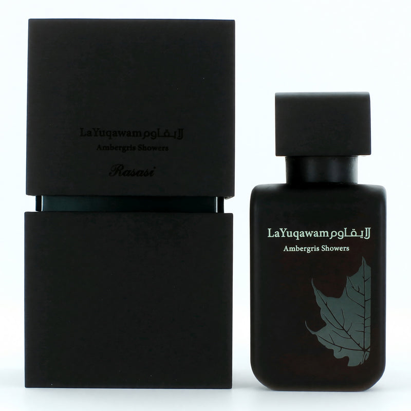 Rasasi La Yuqawam Ambergris 2.5 oz EDP spray for men, with elegant packaging and a luxurious fragrance bottle.