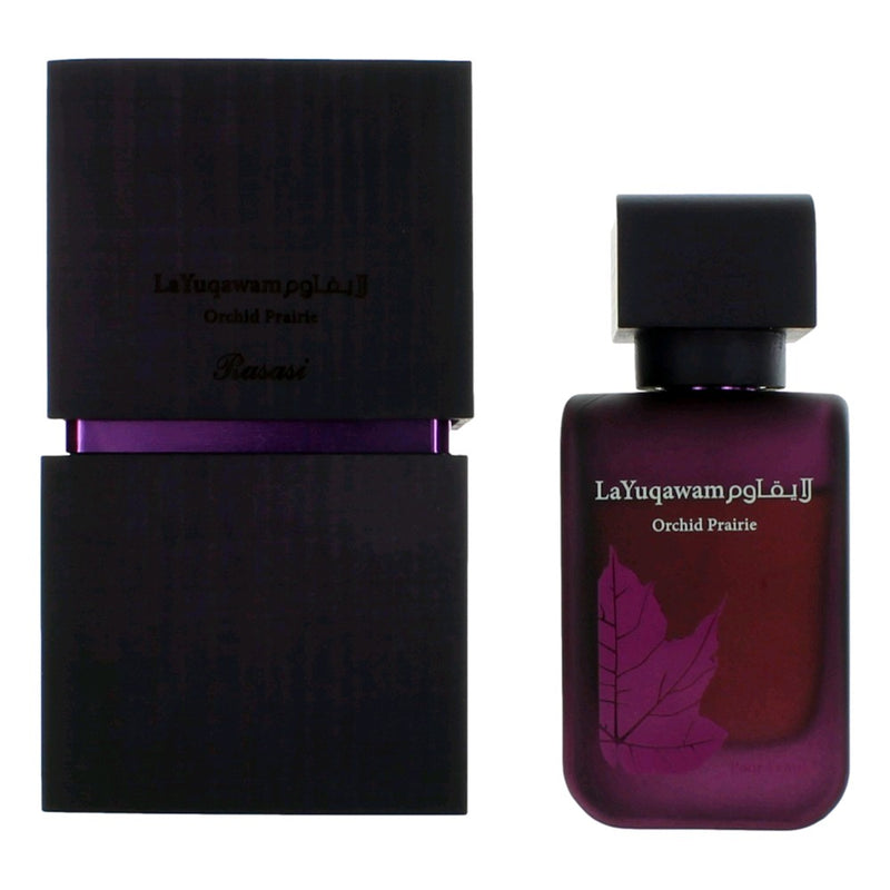 Rasasi La Yuqawam Orchid Prairie 2.5 oz unisex EDP spray bottle with colorful floral design.