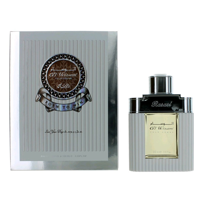 Rasasi Al Wisam men's 3.3 oz EDP spray bottle, elegant design, showcasing the fragrance for men in a sleek container.