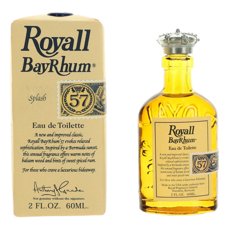 Royall BayRhum men's all-purpose lotion splash bottle by Royall Fragrances, 2oz, with a sleek design and label visible.