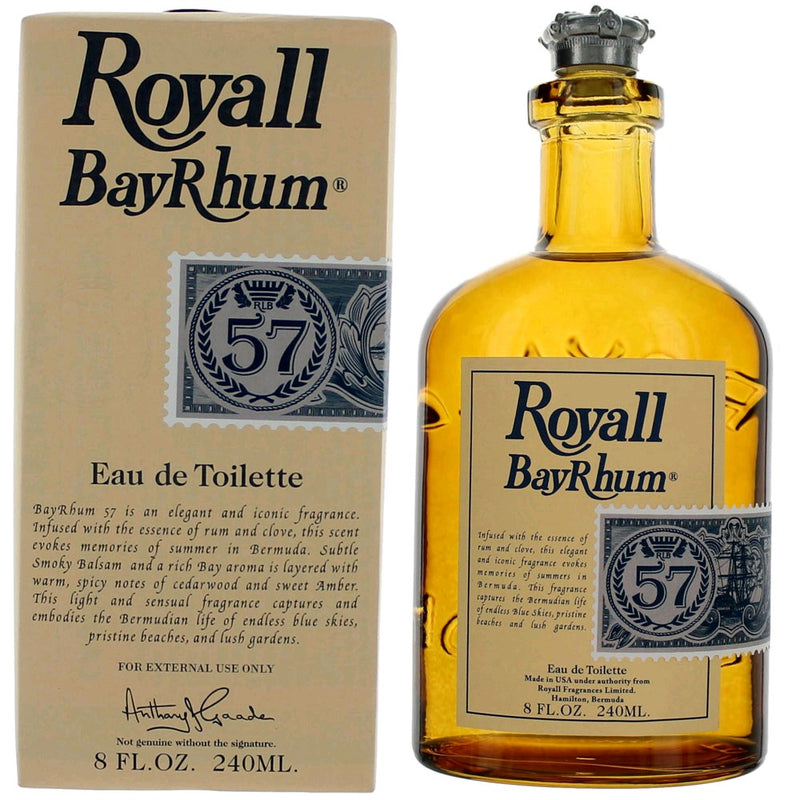 Royall BayRhum 57 men's 8 oz EDT Splash by Royall Fragrances, featuring a sleek bottle and classic design.
