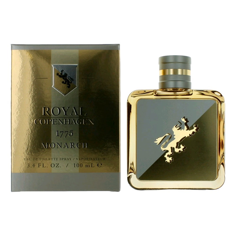 Royal Copenhagen 1775 Monarch men's 3.4oz EDT spray bottle with sleek design and silver cap, showcasing the fragrance packaging.