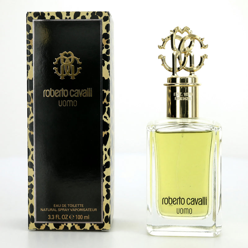 Roberto Cavalli Uomo 3.3 oz men's EDT spray bottle with sleek packaging and Roberto Cavalli branding.