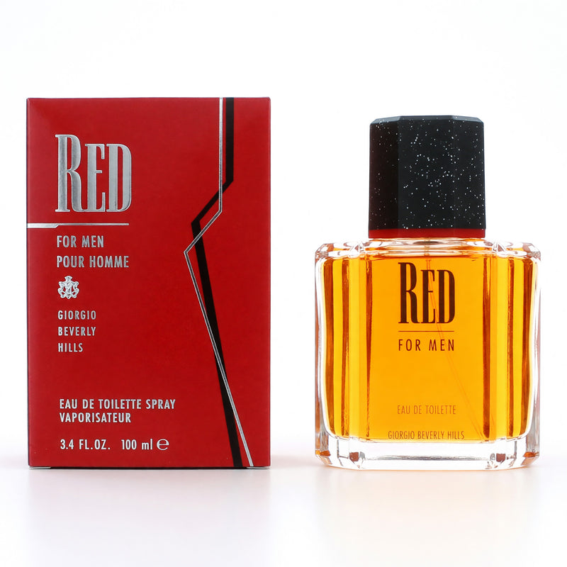 Beverly Hills Red men's 3.4 oz EDT spray bottle with red packaging and sleek design.
