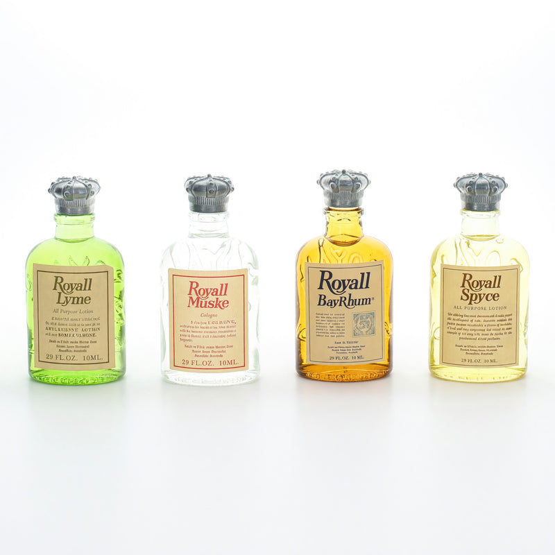 Royall Fragrances Heritage Collection men's mini set with four small fragrance bottles, elegant packaging for travel or gifting.