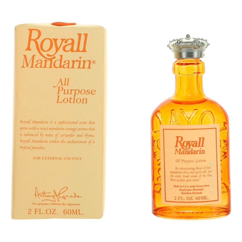 Royall Mandarin men's all-purpose lotion by Royall Fragrances, 2 oz bottle, featuring a sleek design and citrus scent.