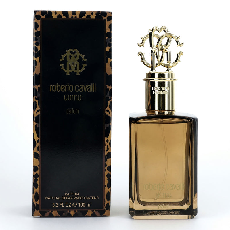 Roberto Cavalli Uomo 3.3 oz parfum spray for men, featuring sleek bottle design and elegant branding.