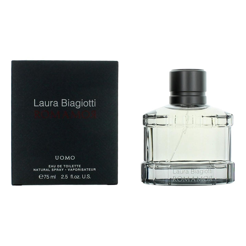 Laura Biagiotti Romamor 2.5 oz men's EDT bottle, featuring the elegant fragrance design and branding.