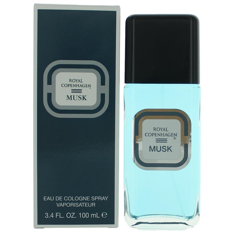 Royal Copenhagen MUSK men's cologne spray bottle, 3.3oz, with elegant packaging and sleek design.