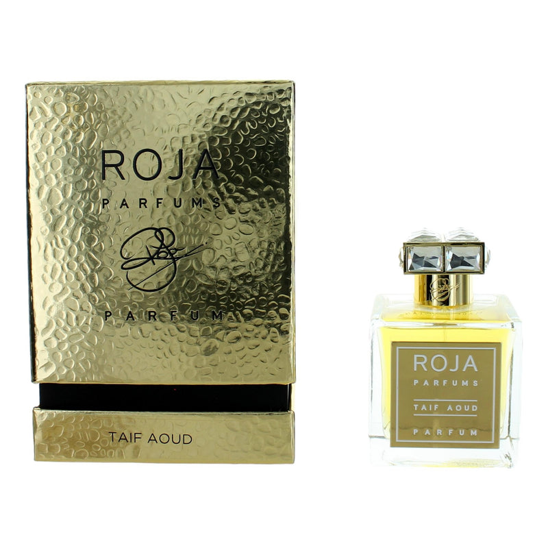 Roja Parfums Taif Aoud 3.4 oz parfum spray bottle with elegant packaging and black cap.