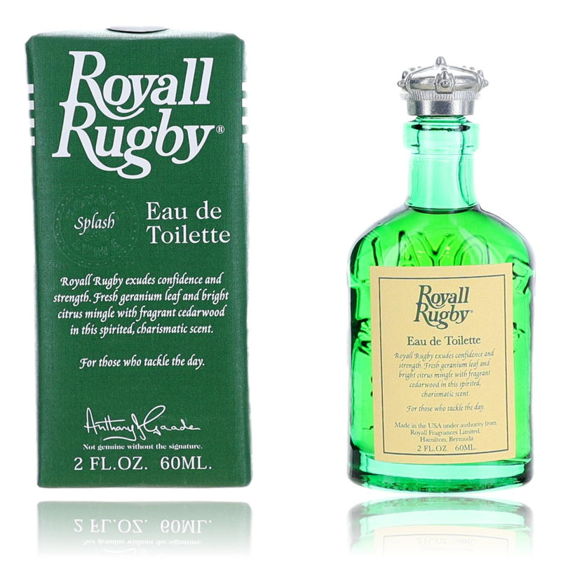 Royall Rugby men's 2 oz EDT Splash by Royall Fragrances, clear glass bottle with blue liquid and silver cap.
