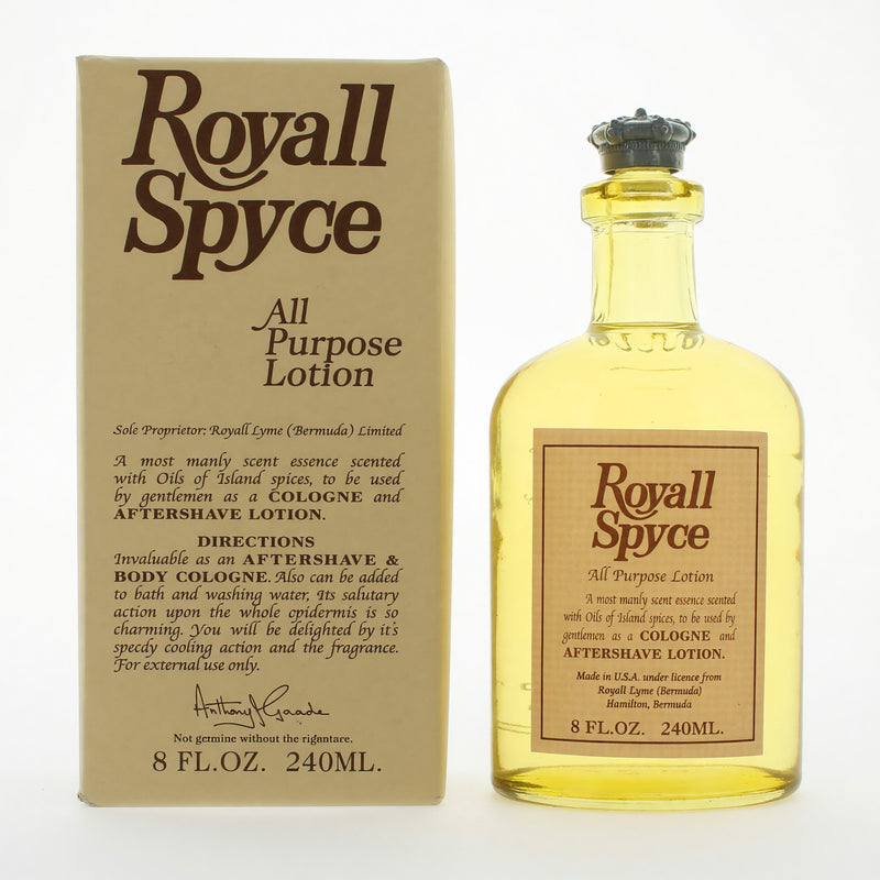 Royall Spyce all-purpose lotion for men in a clear 8 oz bottle by Royall Fragrances, featuring a sleek physical design