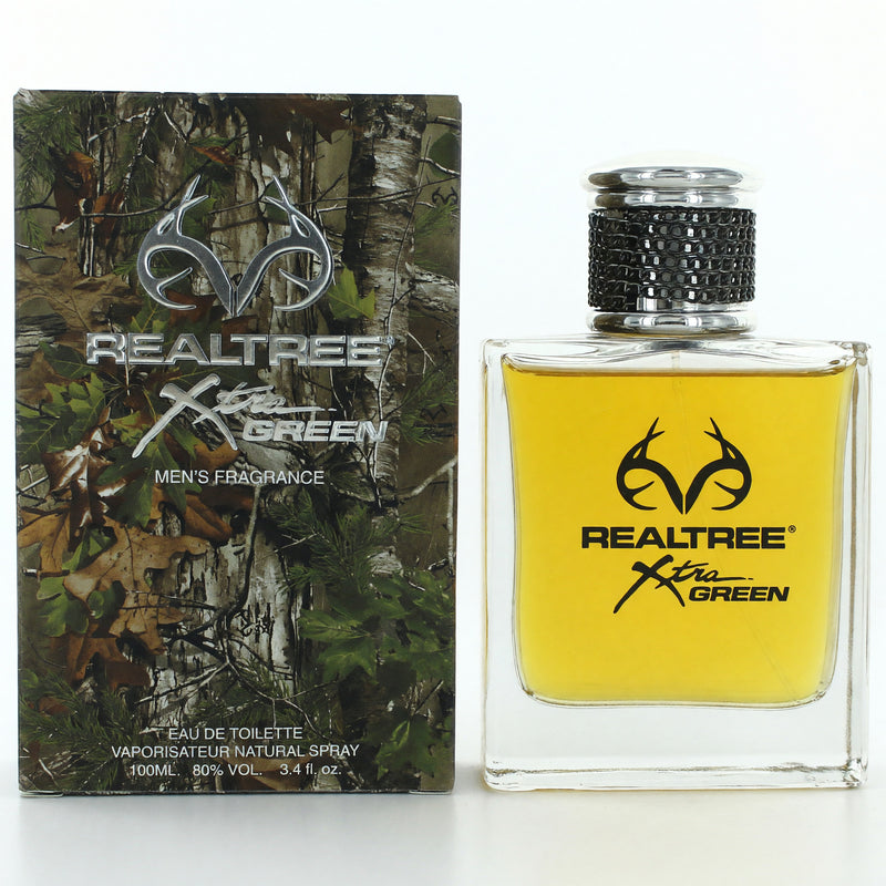 Realtree men's 3.4 oz EDT spray featuring the Realtree logo and packaging, designed for outdoor-inspired fragrance.