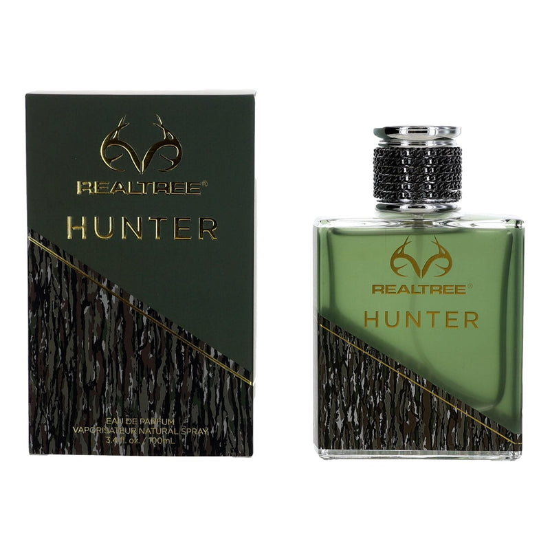 Realtree Hunter men's 3.4 oz EDP spray bottle featuring Realtree camouflage design, ideal for outdoor enthusiasts.