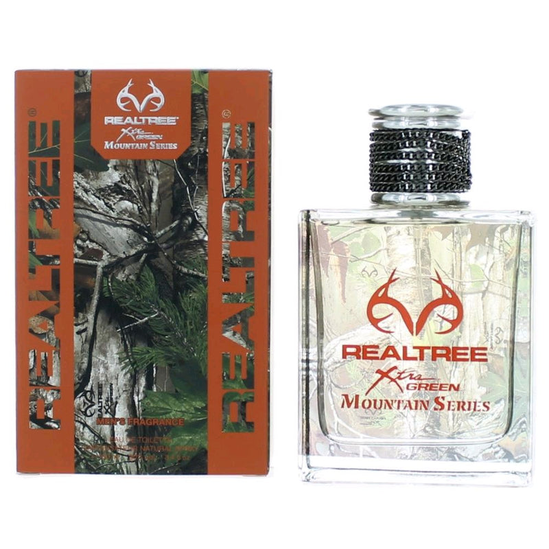 Realtree Mountain Series men's 3.4 oz EDT spray with Realtree camouflage design, showcasing the product bottle.